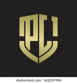 PL Logo monogram with emblem shield shape design isolated gold colors on black background