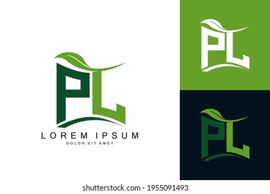 PL logo monogram with green leaf nature organic bio curved shape premium vector design template