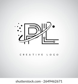Logotipo do Monograma da Órbita PL - Marca de Letra Mínima Futurista com Linha de Arte Circular, Pontos Inspirados na Tecnologia e Conceito de Movimento Espacial para Identidade de Marca Moderna
