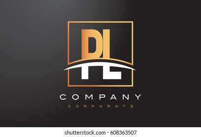 PL P L Golden Letter Logo Design with Swoosh and Rectangle Square Box Vector Design.