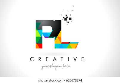 PL P L Letter Logo with Colorful Vivid Triangles Texture Design Vector Illustration.