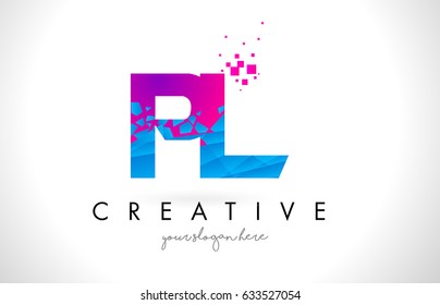 PL P L Letter Logo with Broken Shattered Blue Pink Triangles Texture Design Vector Illustration.