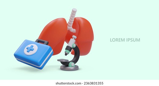 Placard with 3d medical kit, red lungs and microscope for research. Protection and healthy lungs concept. Vector illustration in blue and red colors with place for text