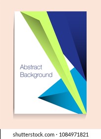 Placard with abstract composition, geometric style, flat design elements. Lime, turquoise and indigo triangles. Composition for covers, banners, flyers and posters. A4 format, vector templates.