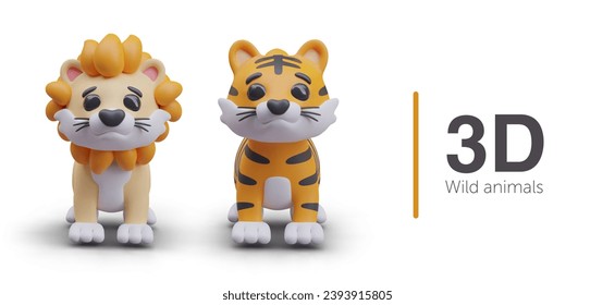 Placard with baby lion and tiger with orange fur and black stripes. Wild 3d animals concept. Vector illustration in 3D style on white background with place for text