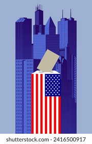 Placard with a ballot box in the shape of a skyscraper with a long US flag and a ballot against the background of buildings of an American city. Concept of Presidential election. Vector illustration 