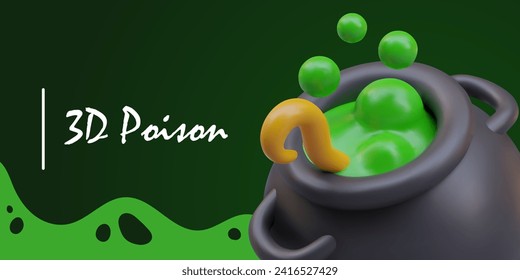 Placard with big black vat with green potion and place for text. Green toxic soup boiling. Halloween concept. Vector illustration in 3d style with dark background