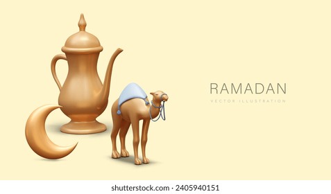 Placard with big golden kettle, realistic camel, and crescent. Celebrate Ramadan concept. Vector illustration in 3d style with yellow background and place for text