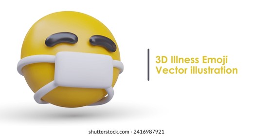 Placard with big yellow face with closed eyes and white mask. Emoticon with sick reaction. Protection of disease. Vector illustration in 3d style with place for text