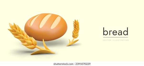 Placard with bread and wheat on yellow background with place for text. Freshly baked bread for sale. Online order concept. Vector illustration, bakery products in 3d style