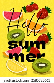 Placard with bright tropical fruits and berries in fresh juicy composition. Vibrant colors create lively summer mood. Drawing art summertime poster for seasonal promotions, food and holiday themes.