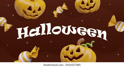 Placard with brown background for Halloween. Funny flying pumpkin lantern and round caramel with striped wrapper. Vector illustration in 3d style with place for text