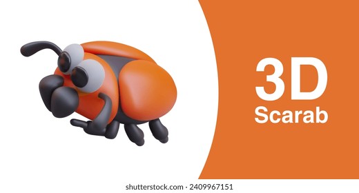 Placard with cartoon scarab and place for text. Element for online games. Bug in black and orange colors. Vector illustration in 3d style with place for text
