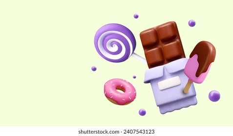 Placard with chocolate bar, purple lollipop, donut with pink cream, and pink ice cream. Poster with yellow background and place for text. Vector illustration in 3d style