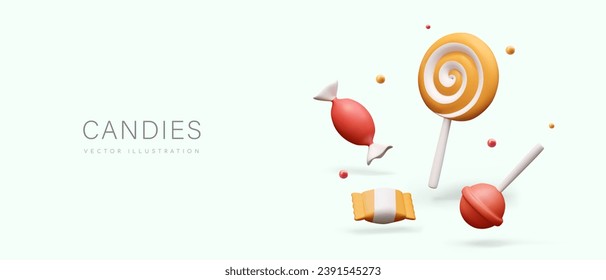 Placard with composition with tasty sweets on gray background. Caramel, lollipops and other sweets in realistic 3d style. Vector illustration in 3D style