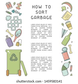 Placard concept with different types of waste and place for your text. Cartoon style vector illustration