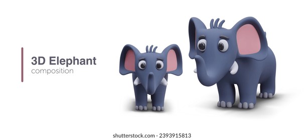 Placard with cute African animals on white background with place for text. Composition of elephant family. Realistic big and small blue elephant. Vector illustration in 3D style