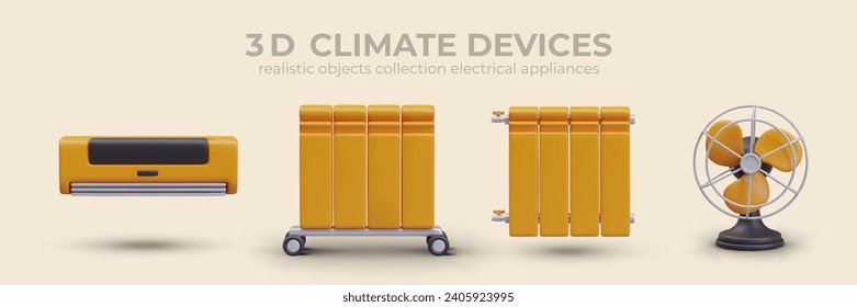 Placard with different climate devices in yellow colors. Air conditioner, mobile battery heater and battery for central heating, portable fan. Vector illustration in 3d style