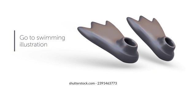 Placard with diver fins for swimming underwater. Go to swimming concept. Diving gear concept. Vertical vector illustration in 3d style with white background and place for text