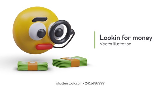 Placard with face with magnifying glass in black frame looking at banknotes. Concept of looking for money. Vector illustration in 3d style with place for text