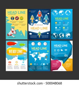 Placard, Flyer, Brochure or Poster Set Design with the Airship, Rocket, Maps. Vector illustration of big collection stylish poster, card for different business/ party and start up purpose.