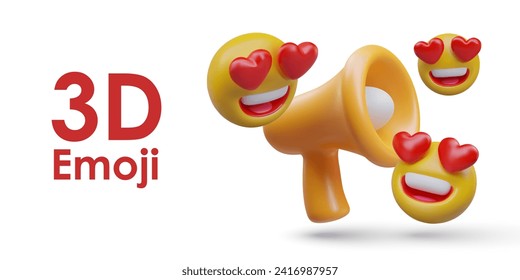 Placard with funny cartoon emoticons with heart eyes in different positions near big megaphone. Announcement concept. Vector illustration in 3d style with place for text and white background