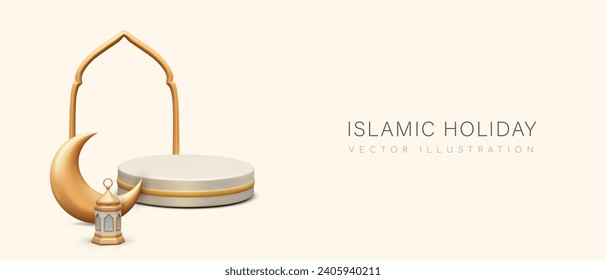 Placard with golden moon, beautiful lantern, and arch. Islamic holiday concept. Ramadan Kareem. Traditional symbol objects. Vector illustration in 3d style