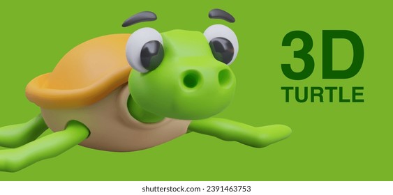 Placa con fondo verde y lugar para el texto. Pequeña tortuga suave nadando. Animal de terraza para juego de ordenador en línea. Ilustración vectorial en estilo 3D