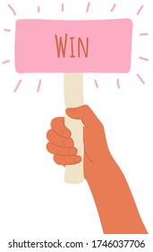 un cartel en la mano. Dibujo vectorial de caricatura del banner de Win en mano humana sobre fondo blanco. Pregunta de prueba. La elección duda, la disputa, la oposición, la elección, el dilema, la opinión del oponente. 