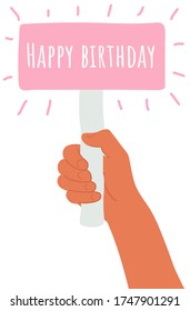 un cartel en la mano. Dibujo vectorial de caricatura del cartel de Cumpleaños Feliz en mano humana sobre fondo blanco. Pregunta de prueba. La elección duda, la disputa, la oposición, la elección, el dilema, la opinión del oponente. 