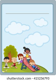 Placard with hill, tree, sky, cloud and kids playing on a slide cartoon vector illustration