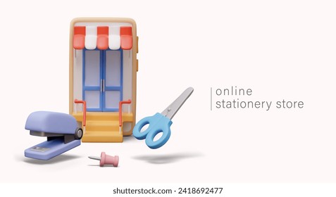 Placard con smartphone, grapadora, pin y tijeras modernos