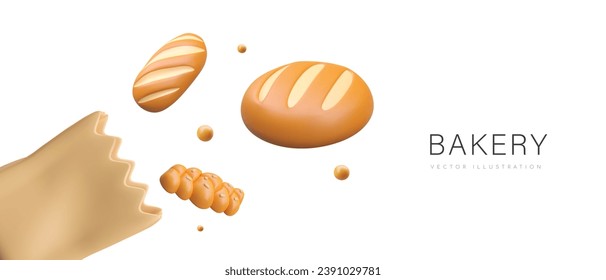 Placard with package with jagged edges, bread on gray background with place for text. Freshly baked bread. Vector illustration, bakery products in 3D style