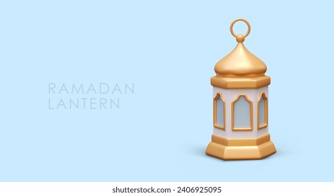 Placard with Ramadan lantern with blue background and place for text. Religious elements for celebrating Ramadan concept. Vector illustration in 3d style