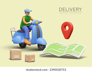 Placard with realistic cartoon character sitting on scooter near open big paper map with marked location and composition with parcels. Concept of delivery. Vector illustration in 3d cartoon style