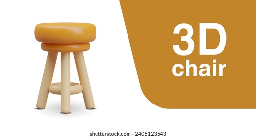 Placard with realistic chair in cartoon style on white background. Chair for use in kitchen. Home furniture concept. Vector illustration in 3d style in yellow color