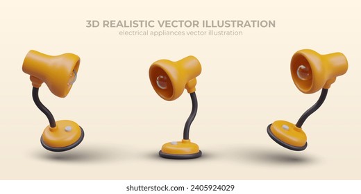 Placard with realistic lamp in yellow colors. Electrical appliances in different positions. Modern table lamp. Vector illustration in 3d style with place for text