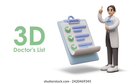 Placard with realistic male doctor holding clipboard with checklist and working