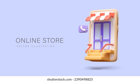 Placard with realistic mobile phone and doors on screen. Concept of online store. Products order via mobile. Vector illustration in 3D style with purple background