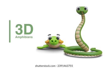 Placard with realistic turtle and snake on white background with place for text. Concept of amphibians. Vector illustration in 3D style with white background