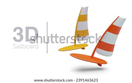 Placard with sailboards in yellow and orange colors on white background. Sports equipment concept. Vector illustration in 3d style with place for text