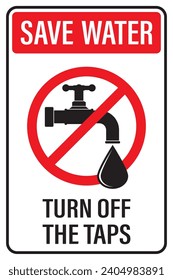 Placard - save water,  turn off the taps. Silhouette of tap with valve and big water drop. Campaign to Conserve resources of planet. Ecology problems. Motivational banner. Flat vector illustration