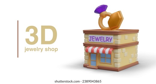 Placard with shop selling jewelry. 3d realistic store on white background and place for text. Sale of expensive jewelry concept. Vector illustration in 3d style