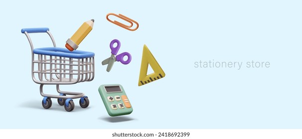 Placard with shopping cart, flying pencil, green calculator, ruler, and scissors