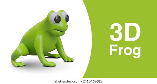 Placard with side view on cartoon green frog. Realistic tailless amphibian on white and green background with text. Vector illustration in 3d style with shadow