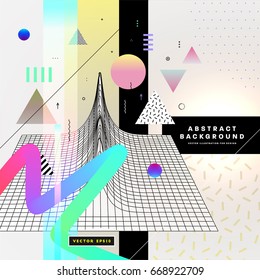 Placard template with abstract liquid bubbles shapes, 80s memphis geometric style flat and 3d design elements. Retro art for covers, banners, flyers and posters. Eps10 vector illustrations