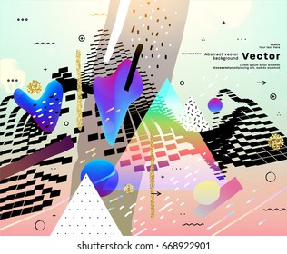 Placard template with abstract liquid bubbles shapes, 80s memphis geometric style flat and 3d design elements. Retro art for covers, banners, flyers and posters. Eps10 vector illustrations