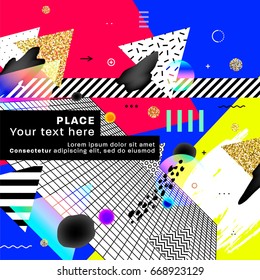 Placard template with abstract liquid bubbles shapes, 80s memphis geometric style flat and 3d design elements. Retro art for covers, banners, flyers and posters. Eps10 vector illustrations