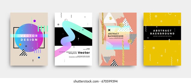 Placard template with abstract liquid bubbles shapes, 80s memphis geometric style flat and 3d design elements. Retro art for covers, banners, flyers and posters. Eps10 vector illustrations.