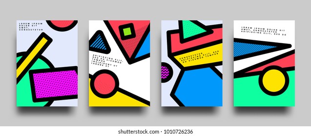 Placard templates set with abstract geometric shapes, 80s memphis bright style flat design elements. Retro art for a4 covers, banners, flyers and posters. Eps10 vector illustrations svg